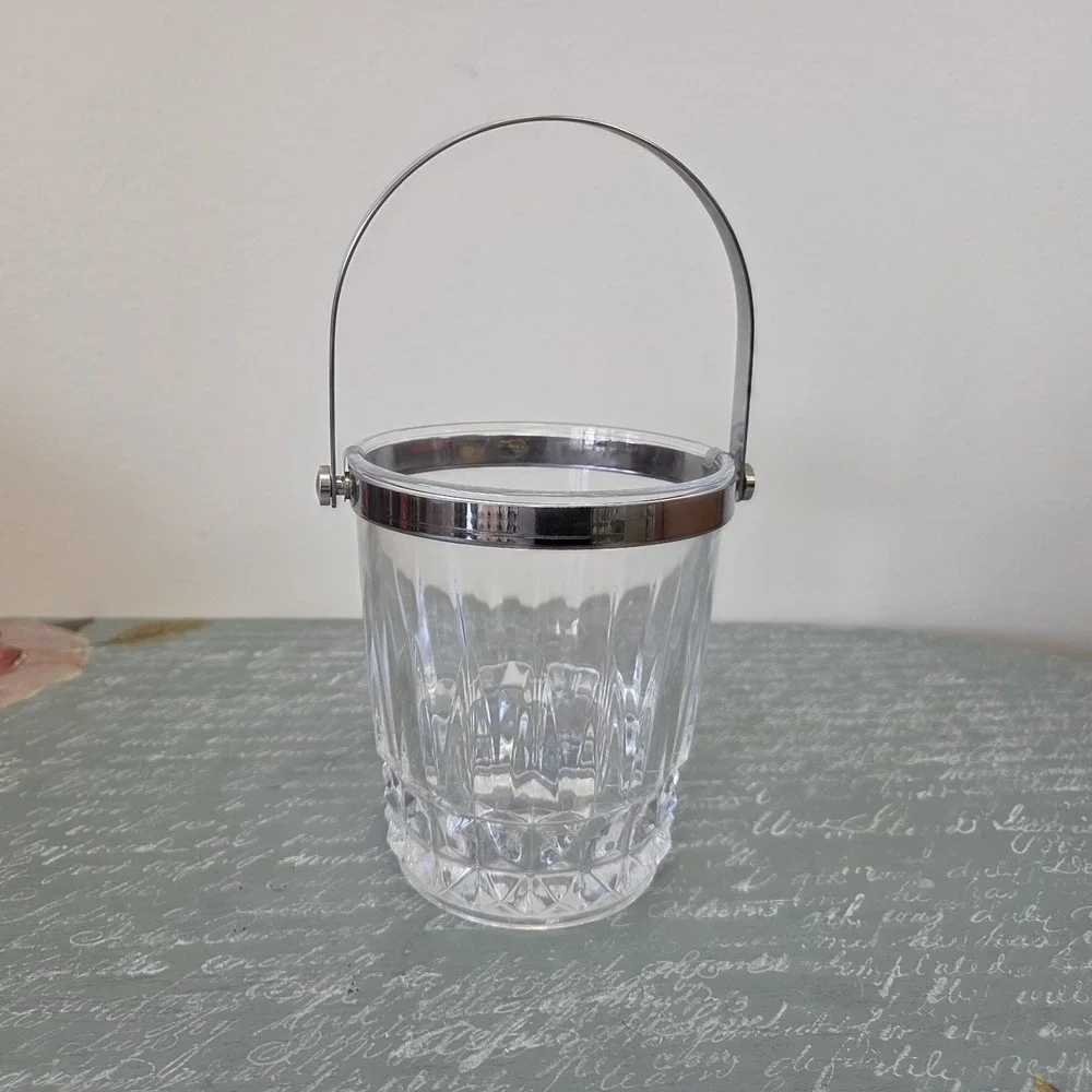 Vintage French Crystal‎ D'Arques Glass Ice Bucket Clear Chrome Handle 5